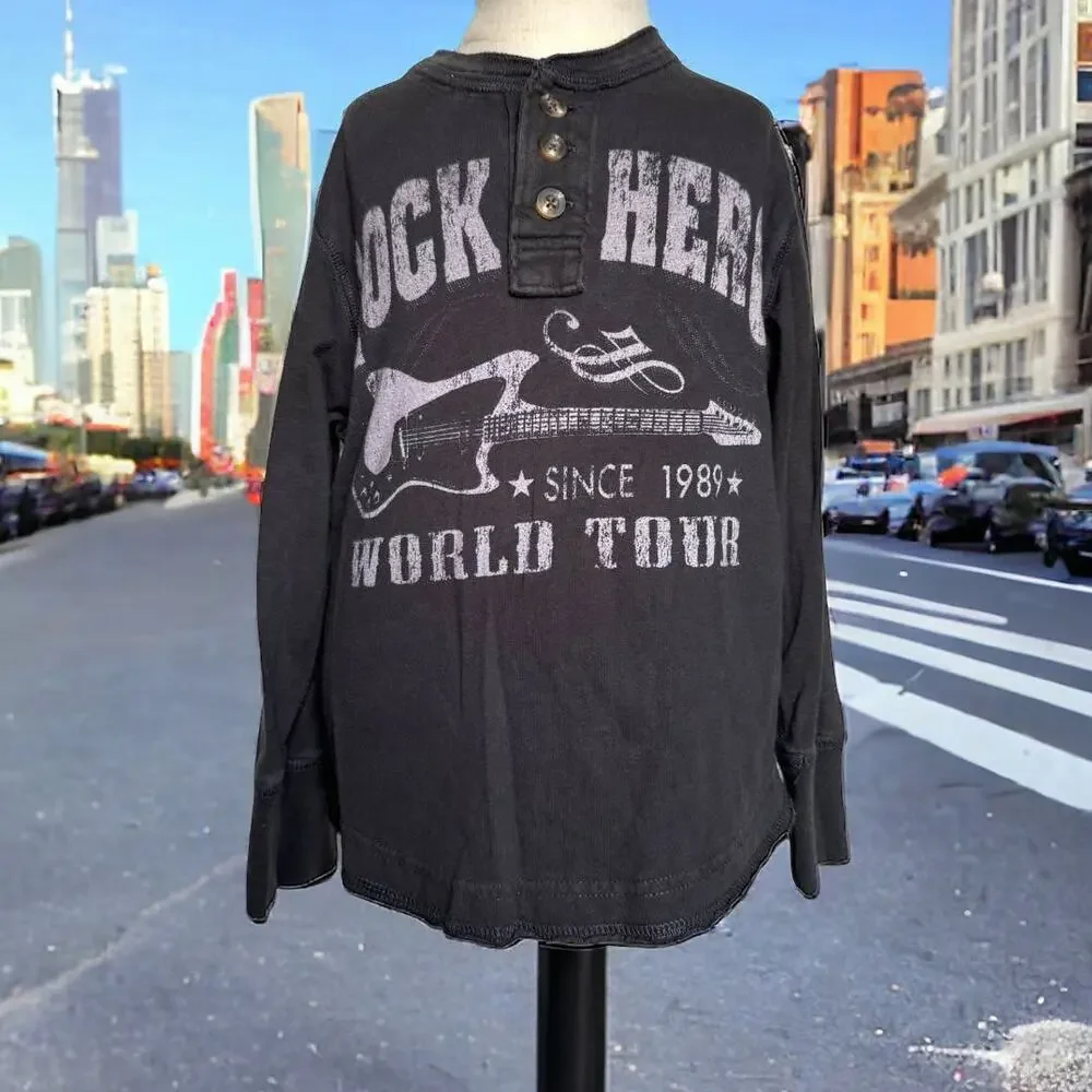 The Children's Place Boys Shirt XS 4 Gray Rock Hero Guitar Henley Long Sleeve‎